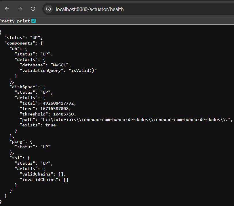 Print screen da tela do Google Chrome com a resposta do endpoint /health do Actuator