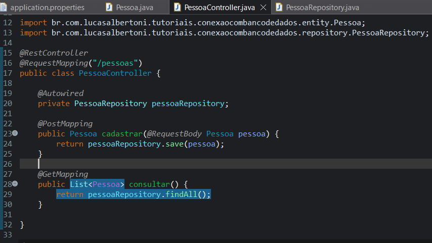 Print screen da tela do Eclipse com a classe PessoaController com o método de consulta