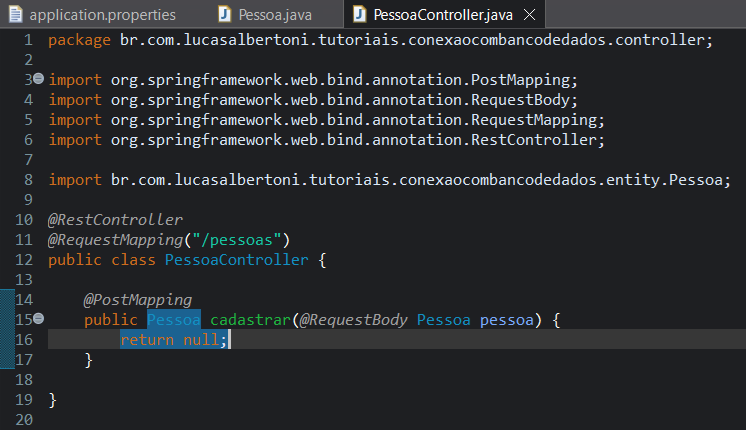 Print Screen da tela do Eclipse exibindo a classe PessoaController