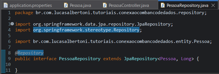 Print Screen da tela do Eclipse exibindo a interface PessoaRepository