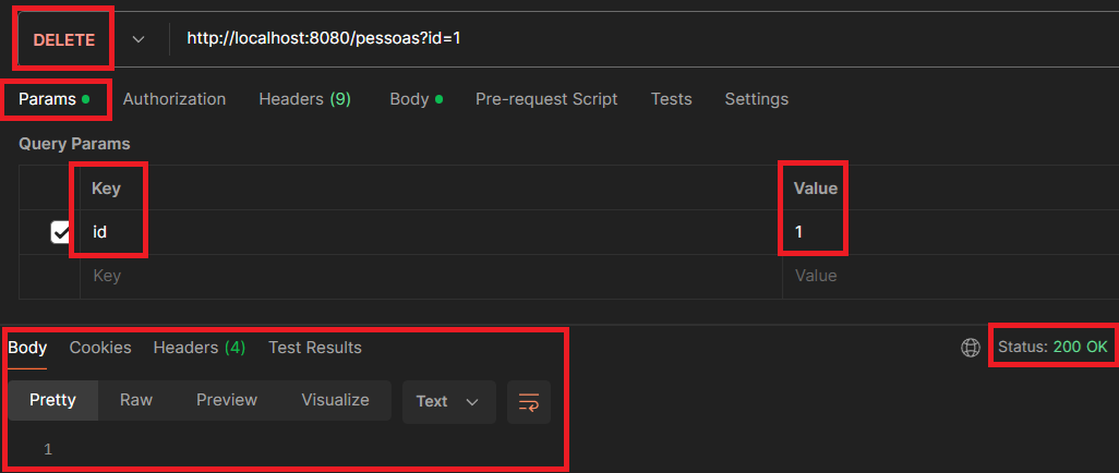 Print screen da tela do Postman de request e response do DELETE, deletar Pessoa