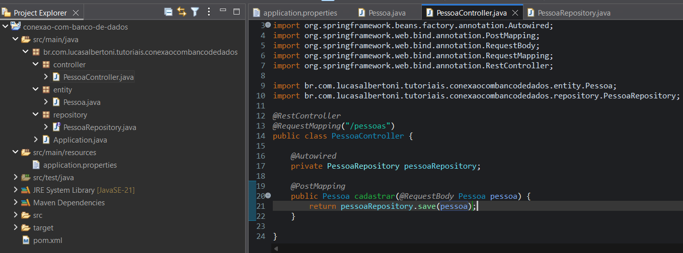 Print screen da tela do Eclipse exibindo a class PessoaController e a estrutura base final do projeto