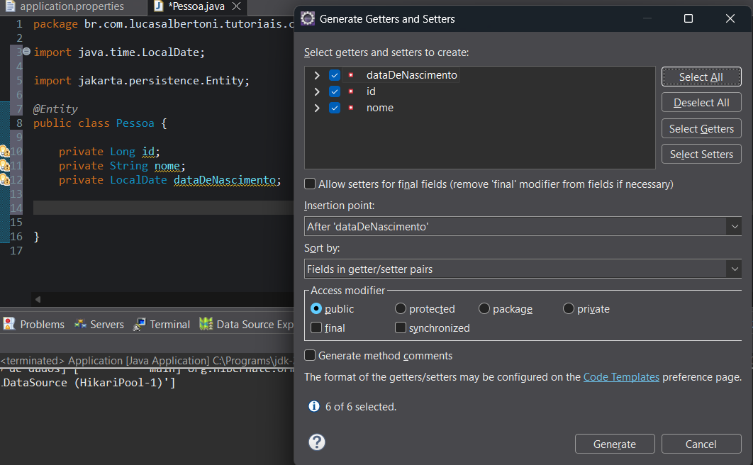Print screen da tela do Eclipse gerando gets e sets