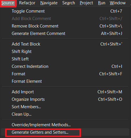 Print screen da tela do Eclipse do menu para gerar gets e sets