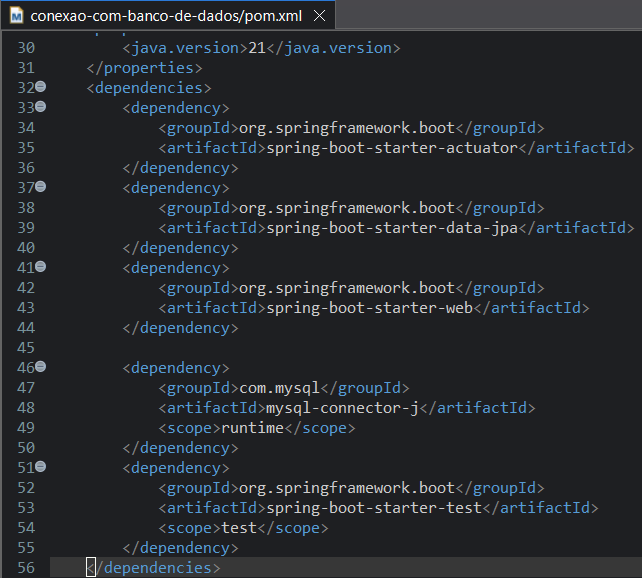 Print screen da tela do Eclipse exibindo as dependências do arquivo pom.xml