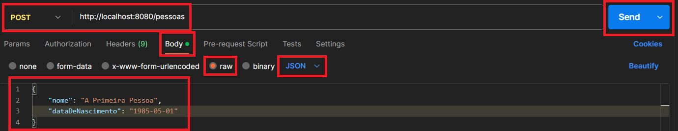 Print screen da tela do Postman para cadastrar uma nova pessoa