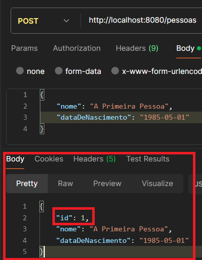 Print screen da tela do Postman de resposta do cadastro da nova pessoas