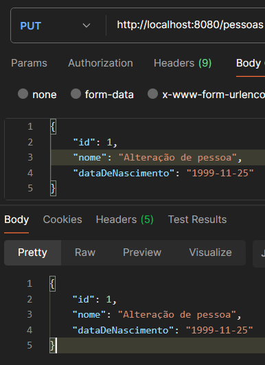 Print screen da tela do Postman de request e response do PUT, alterar Pessoa