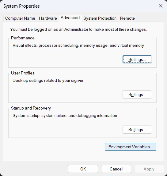 Print screen da tela de busca das variáveis de ambiente.