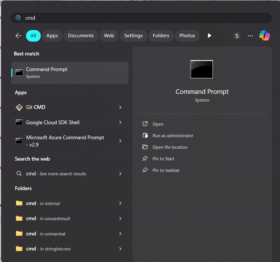 Print screen da tela de busca no windows da palavra cmd.