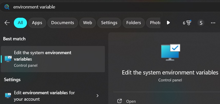 Print screen da tela de busca das variáveis de ambiente.