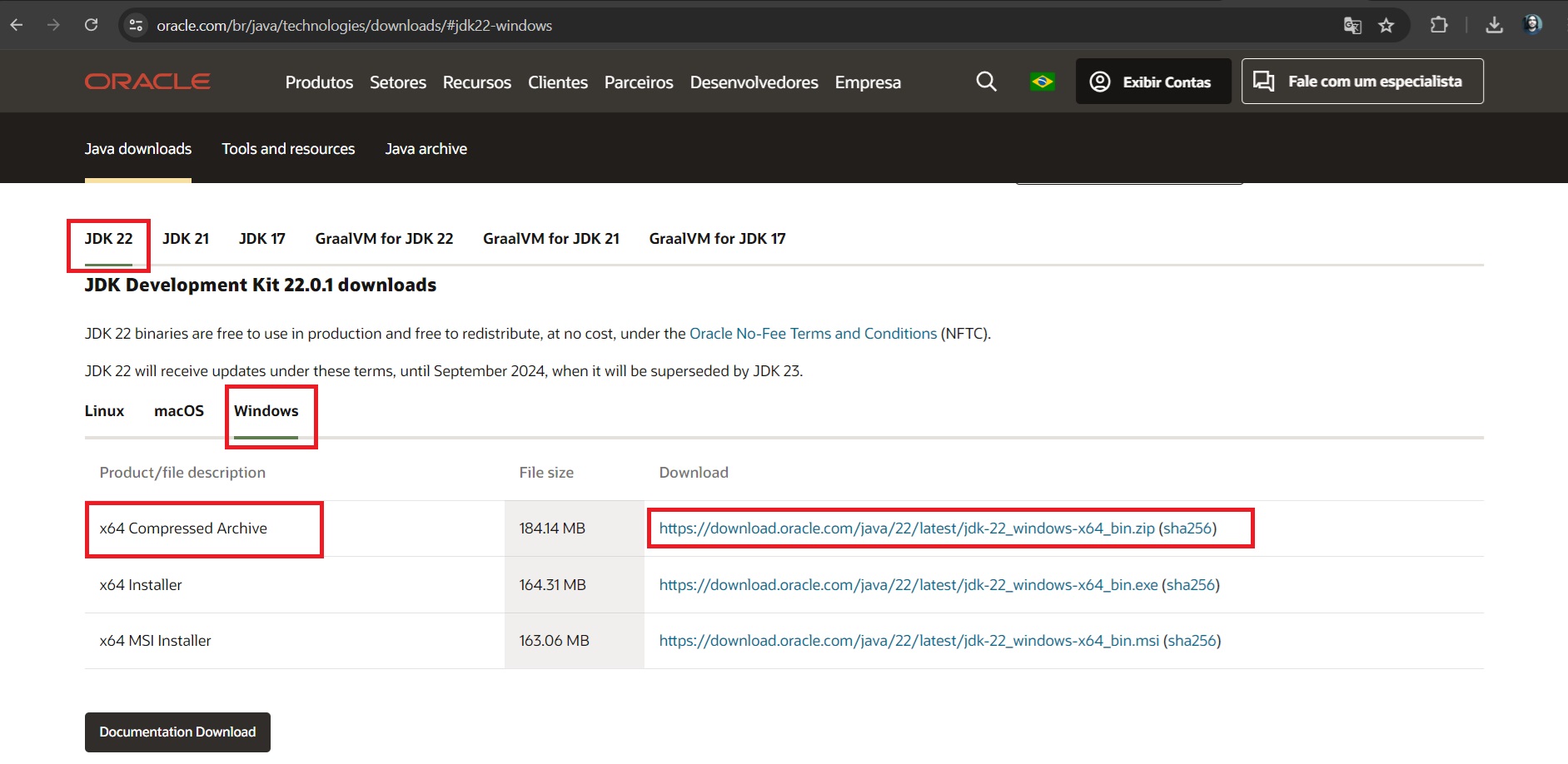 Print screen da tela do site da Oracle com indicações de onde foi clicado para baixar o JDK em versão executável.