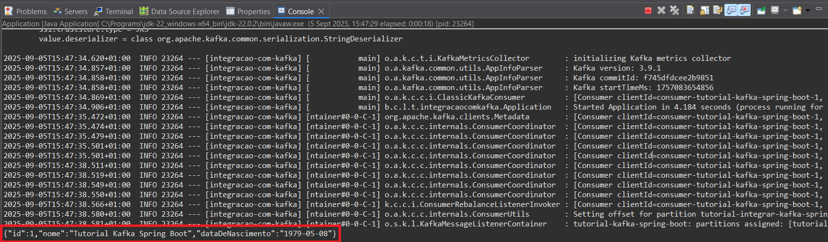 Print screen da tela do Eclipse exibindo o log consumindo a mensagem