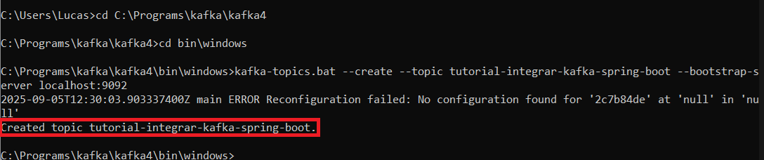 Print screen da tela do prompt de comandos exibindo os passos para criar o tópico