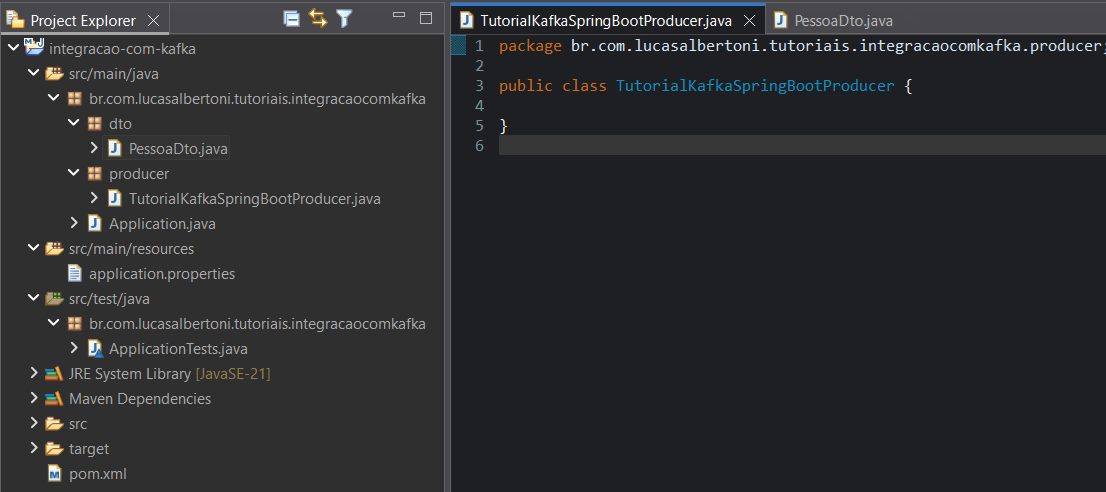 Print screen da tela do Eclipse exibindo a primeira visão do projeto já com a classe producer