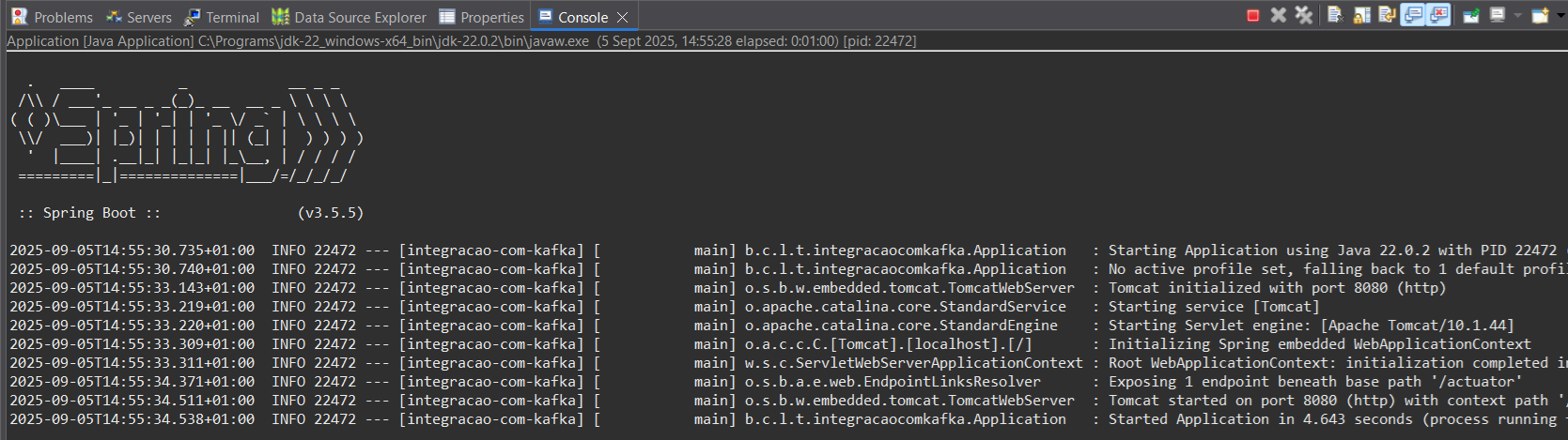 Print screen da tela do Eclipse exibindo o console com logs da aplicação