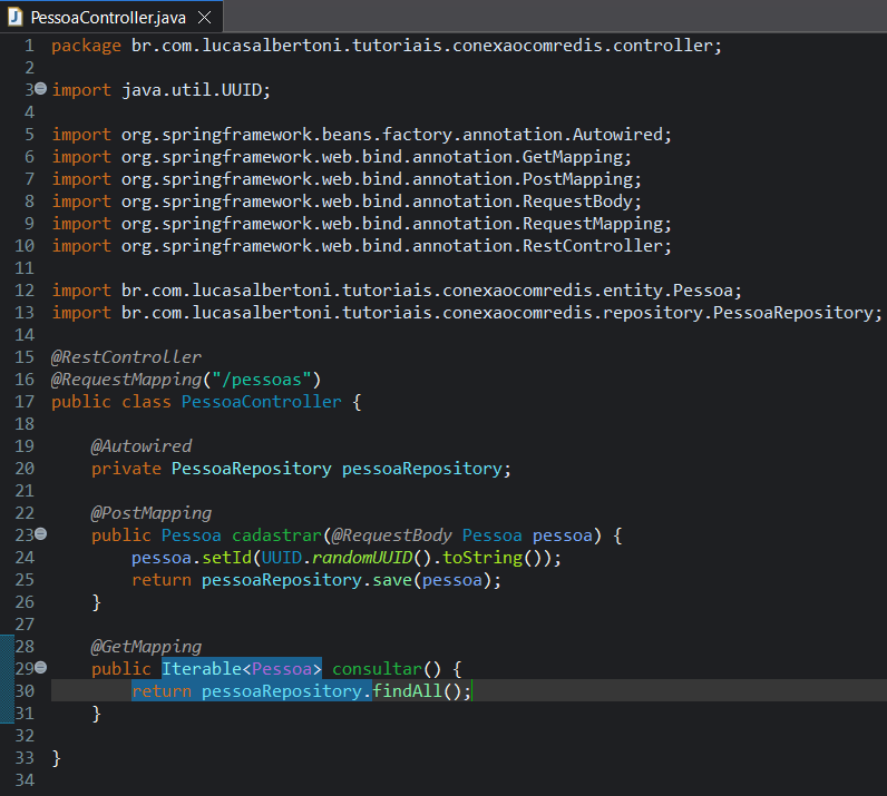 Print screen da tela do Eclipse com a classe PessoaController com o método de consulta