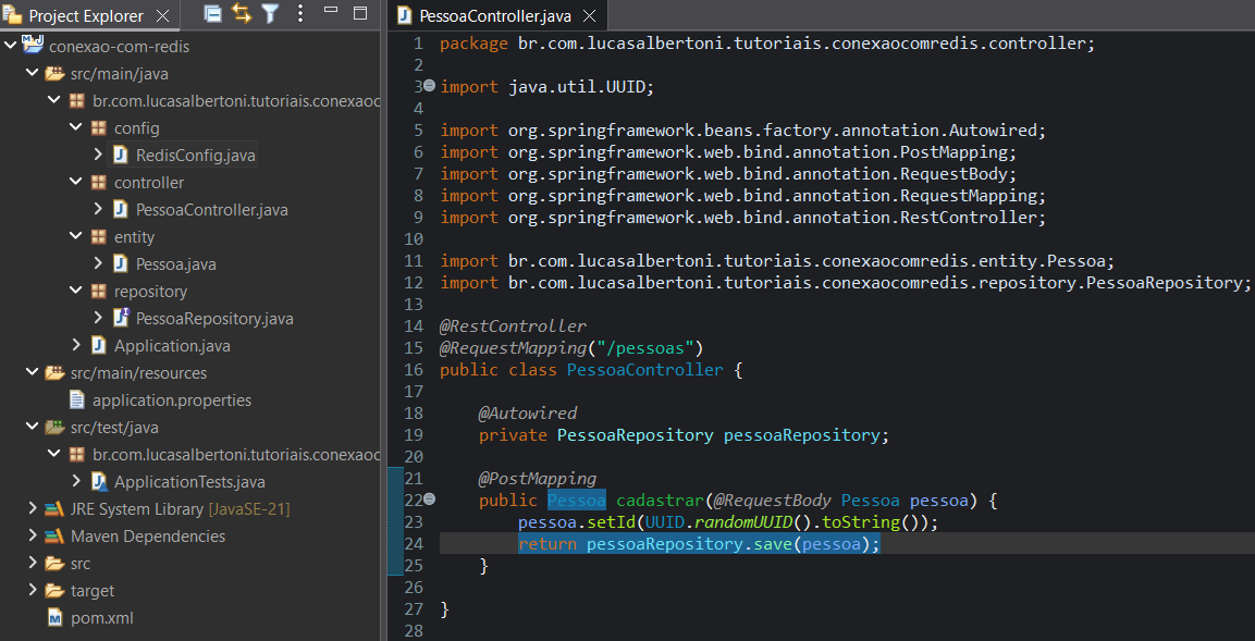 Print screen da tela do Eclipse exibindo a class PessoaController e a estrutura base final do projeto