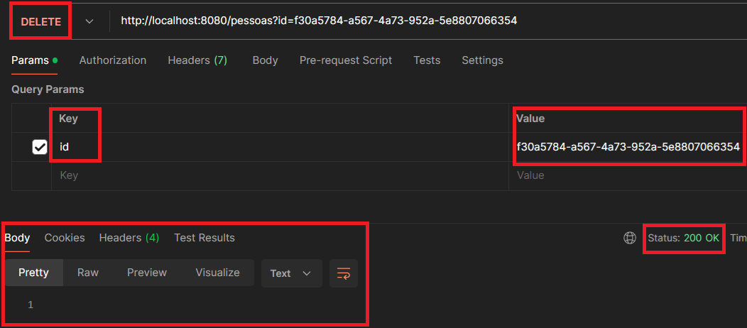 Print screen da tela do Postman de request e response do DELETE, deletar Pessoa