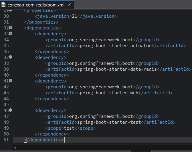 Print screen da tela do Eclipse exibindo as dependências do arquivo pom.xml