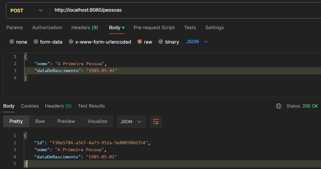 Print screen da tela do Postman para cadastrar uma nova pessoa