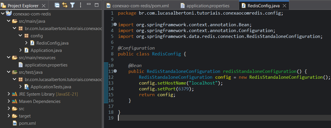 Print screen da tela do Eclipse exibindo a classe de configuração do projeto para o Redis