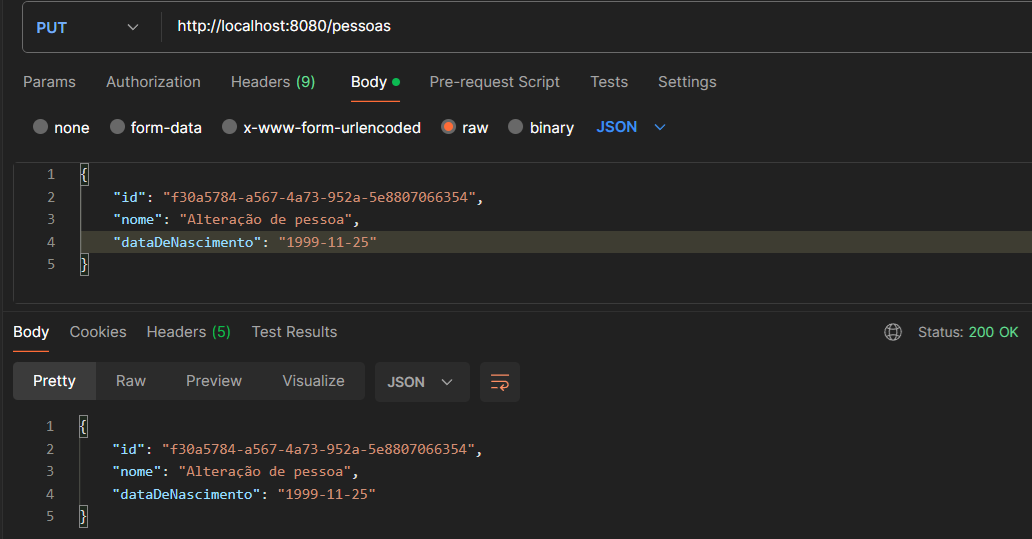 Print screen da tela do Postman de request e response do PUT, alterar Pessoa