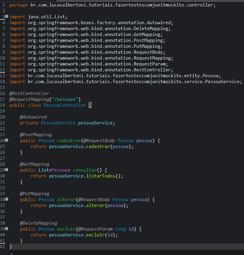 Print screen da tela do Eclipse exibindo a classe PessoaController