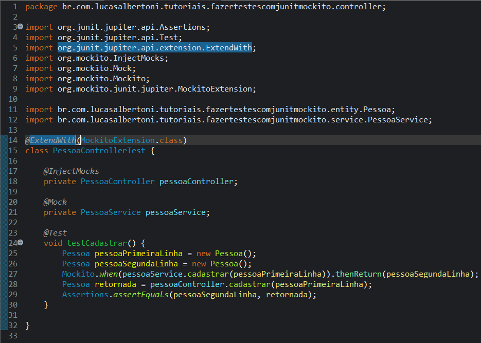 Print screen da tela do Eclipse exibindo a classe PessoaControllerTest