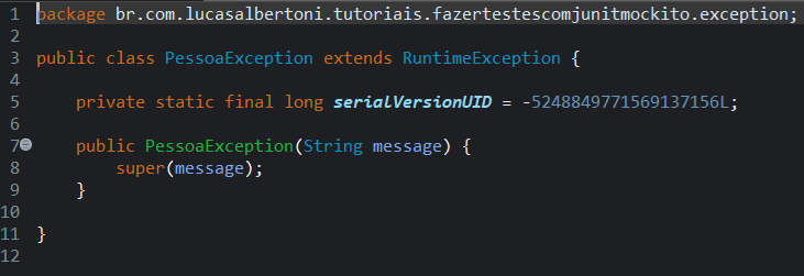 Print screen da tela do Eclipse exibindo a classe PessoaException