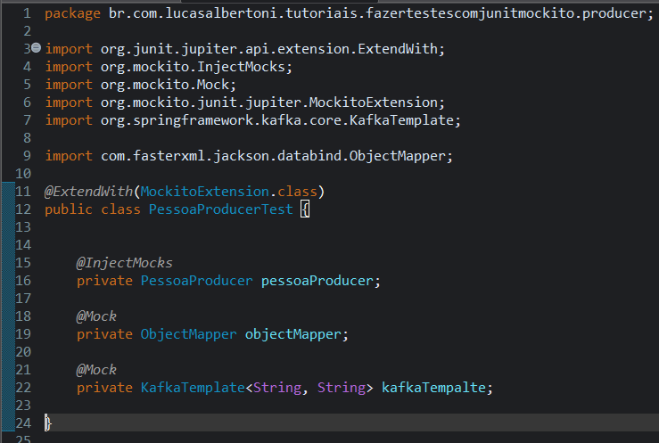 Print screen da tela do Eclipse exibindo a classe de test PessoaProducerTest