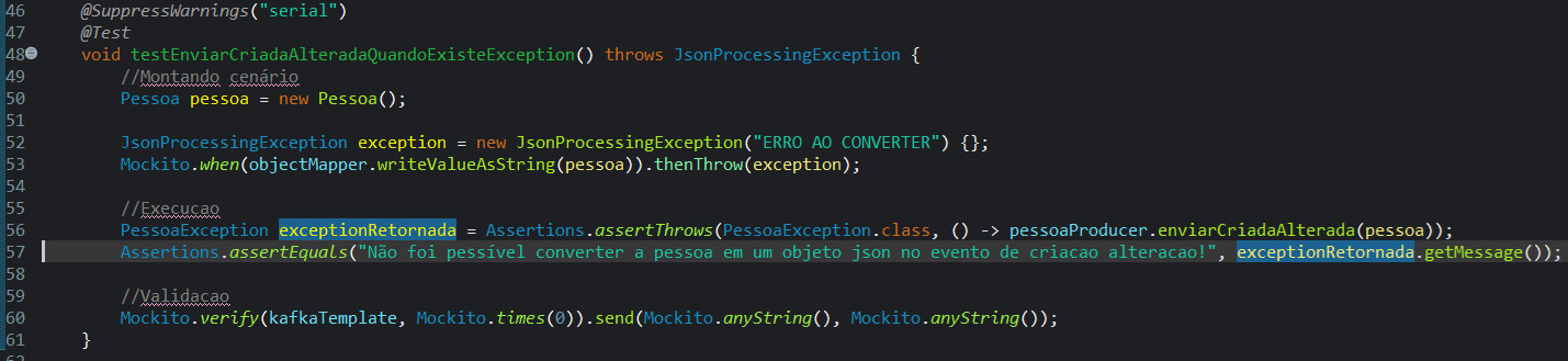 Print screen da tela do Eclipse exibindo o método testEnviarCriadaAlteradaQuandoExisteException