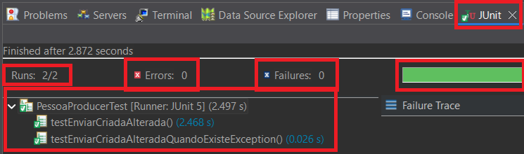Print screen da tela do Eclipse exibindo a execução dos dois testes criados