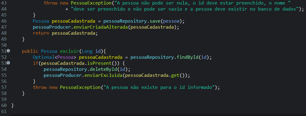 Print screen da tela do Eclipse exibindo a classe PessoaService 2