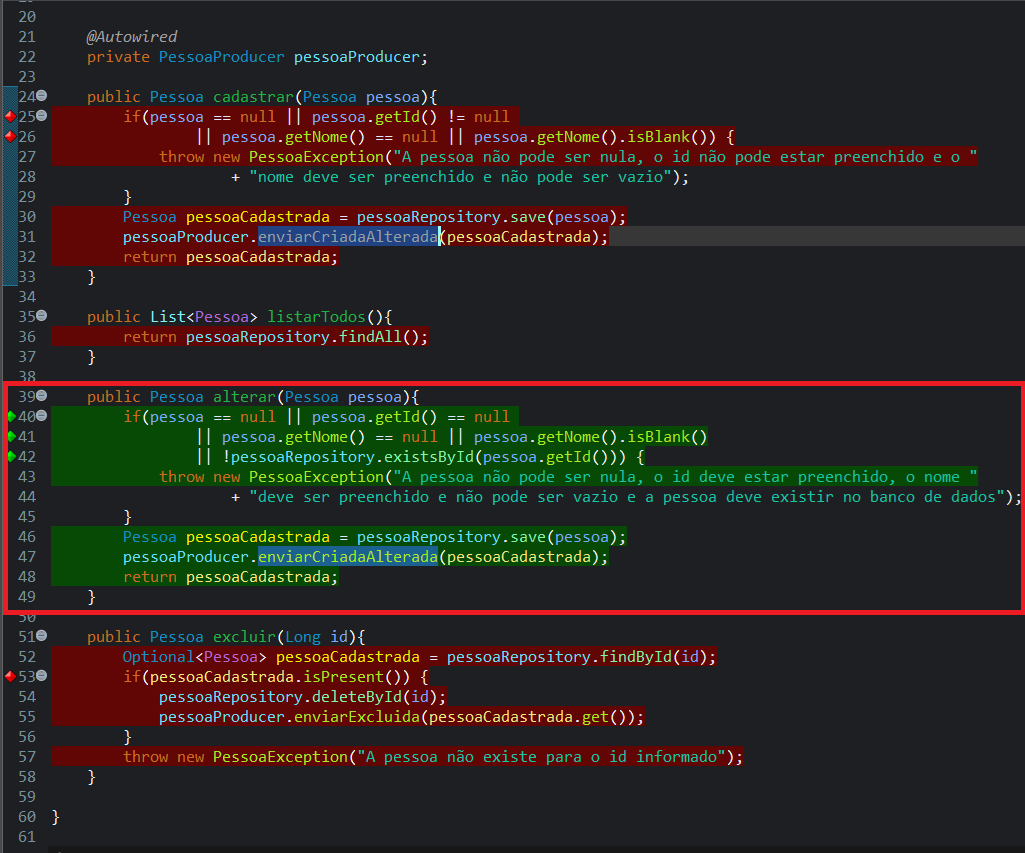 Print screen da tela do Eclipse exibindo a cobertura de testes da classe PessoaService