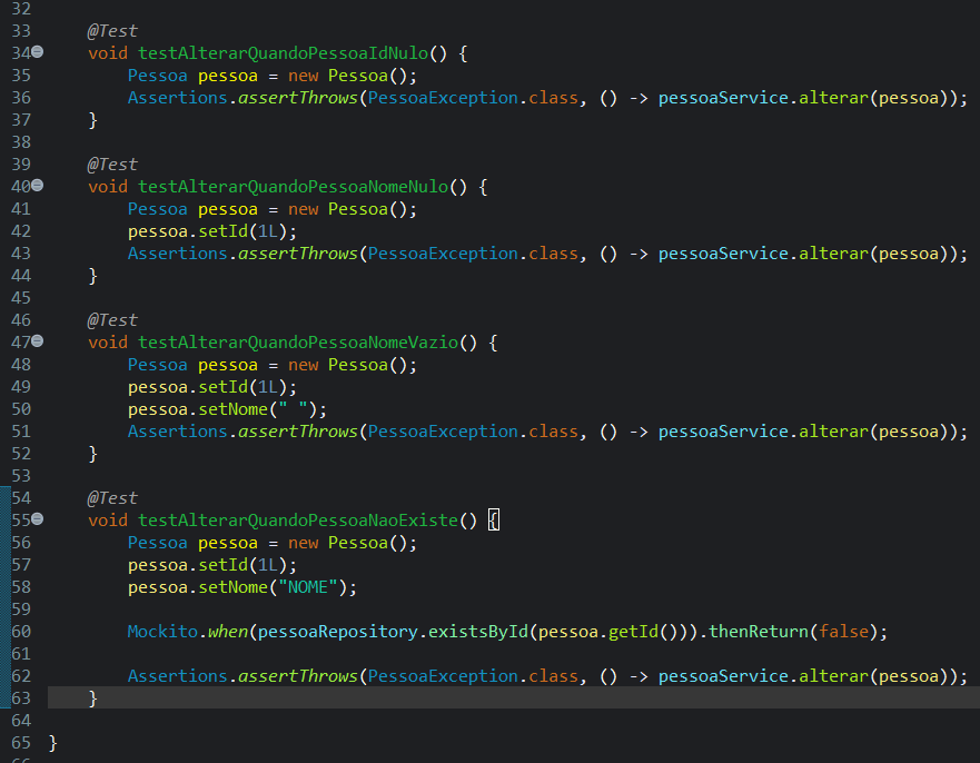 Print screen da tela do Eclipse exibindo a classe PessoaServiceTest com o quatro testes de alterar