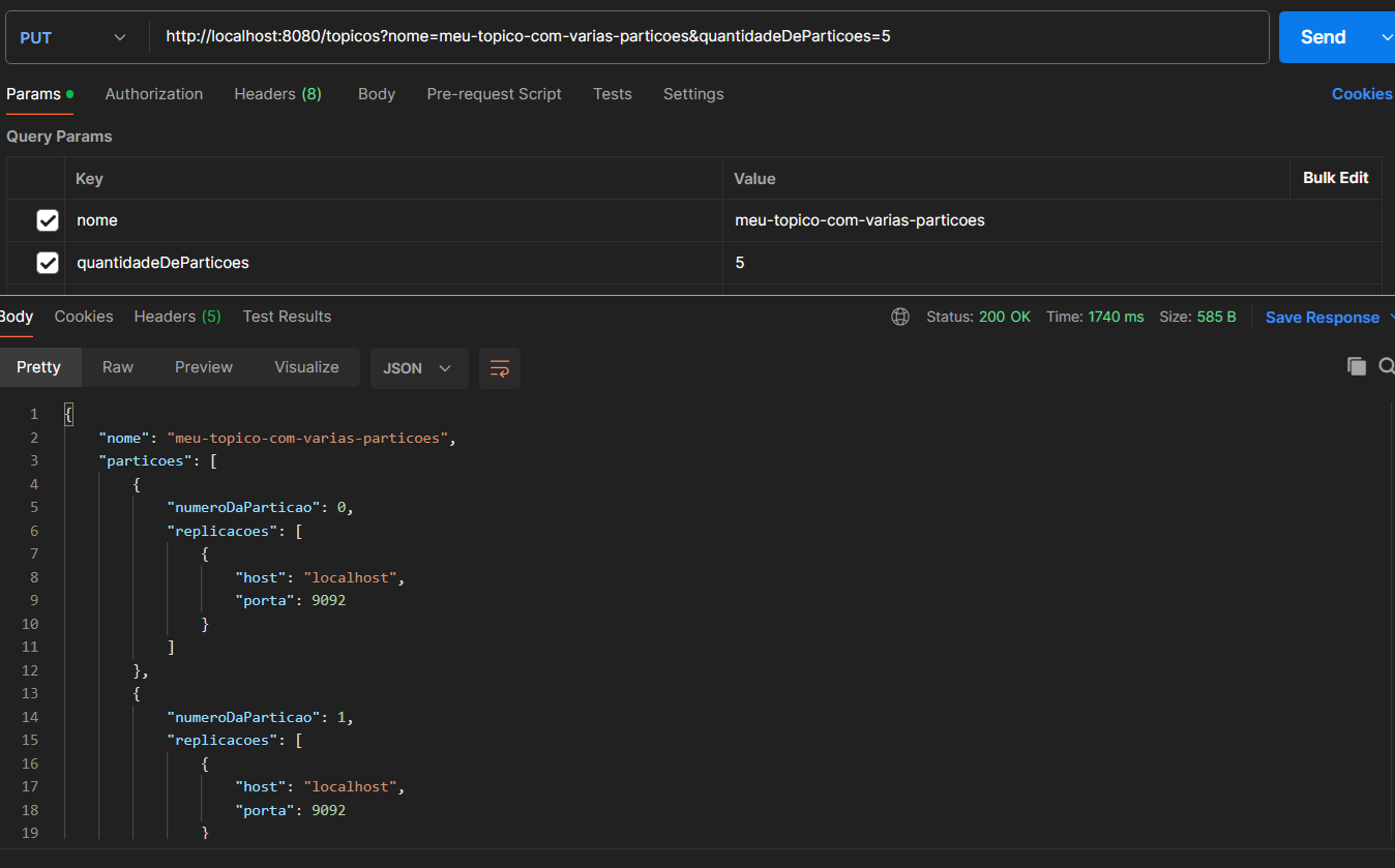 Exibindo a tela do Postman mostrando a criação de um tópico com 5 partições.