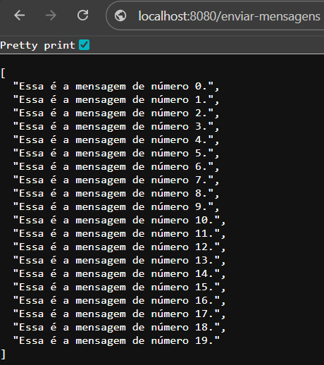 Exibindo a tela do Chrome com o retorno das mensagens produzidas no Kafka.