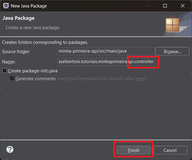 Print screen da tela do Eclipse da janela de New Java Package