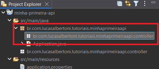 Print screen da tela do Eclipse com o novo pacote criado no modo de exibição padrão