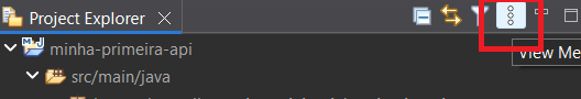 Print screen da tela do Eclipse destacando o item de menu para mudar a forma de exibição dos pacotes