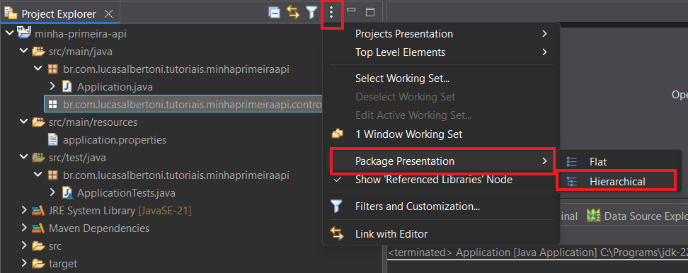 Print screen da tela do Eclipse destacando todo o caminho para alterar a exibição dos pacotes para hierárquico