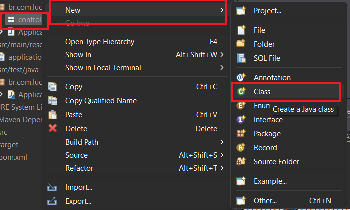 Print screen da tela do Eclipse selecionando o botão de criar nova classe