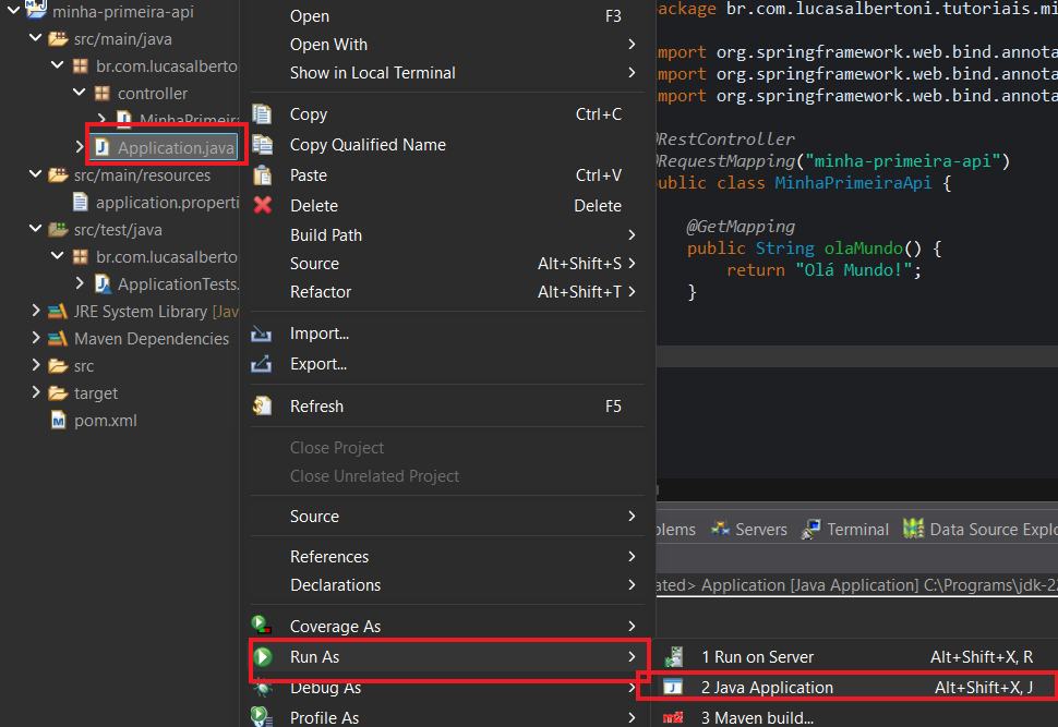 Print screen da tela do Eclipse para executar a aplicação Java