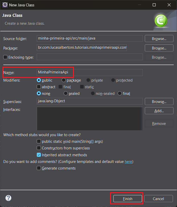 Print screen da tela do Eclipse da janela de criação de nova classe
