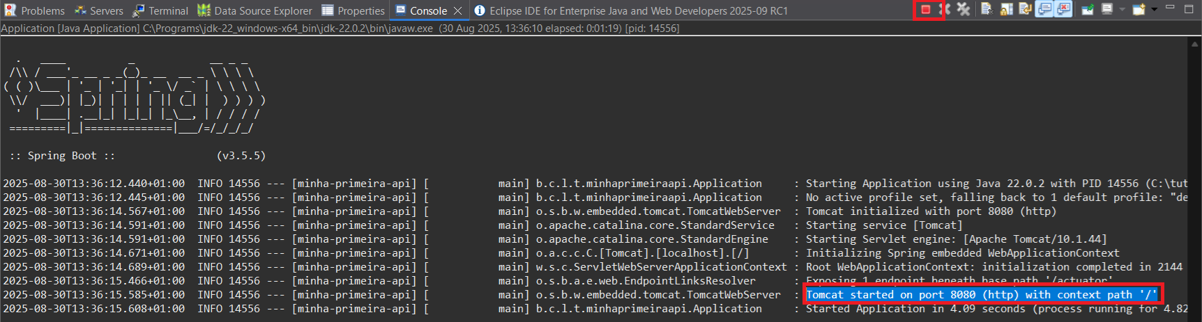 Print screen da tela do Eclipse com a primeira execução