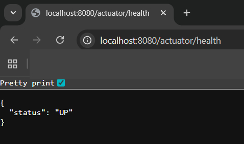 Print screen da tela do navegador Chrome com a resposta do actuator acessado pelo link http://localhost:8080/actuator/health