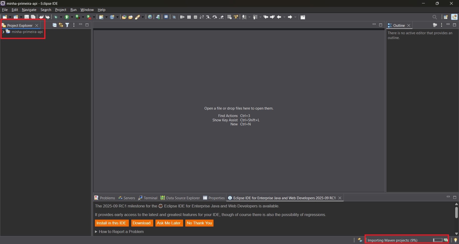 Print screen da tela do Eclipse com o projeto criado e sendo importadas as dependências pelo Maven