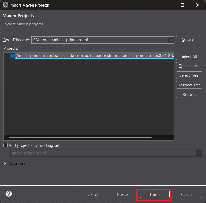 Print screen da tela de projetos do Maven no Eclipse com a pasta selecionada