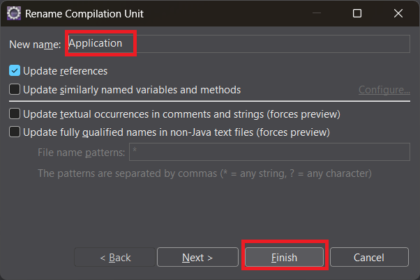 Print screen da tela do Eclipse para renomear a class principal
